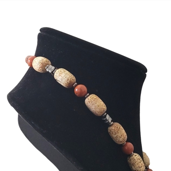 Hand Crafted Red Jasper Tibetan Sand Agate Hematite 18" Gemstone Necklace - Picture 5 of 6